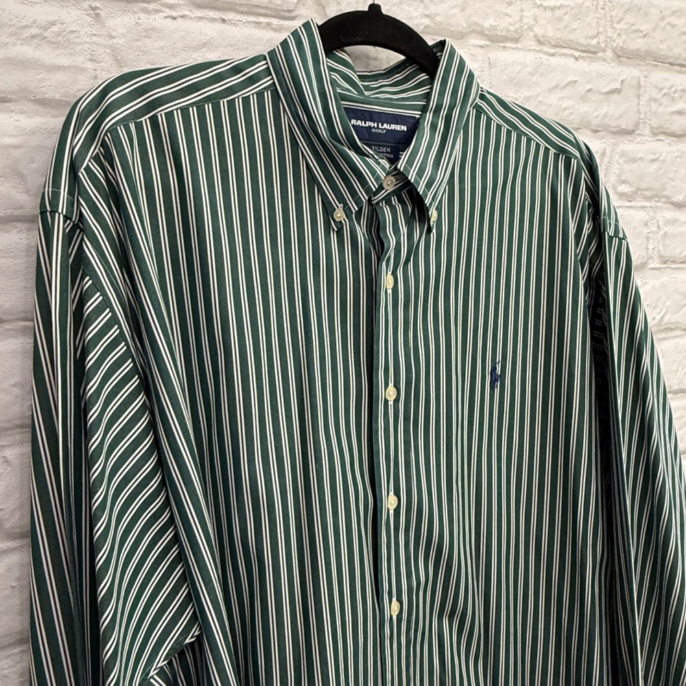 Ralph Lauren Golf Tilden Button Down Shirt Mens XL Green White Stripe 100 Cotton - Picture 12 of 12